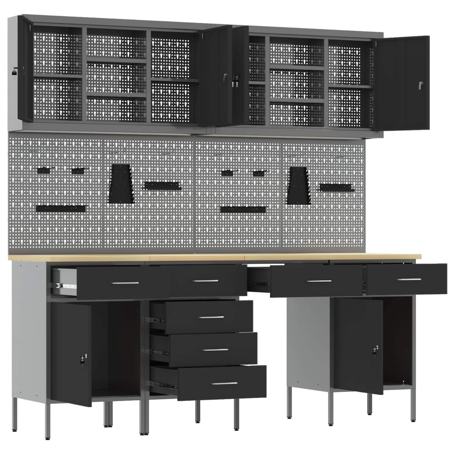 Work Cabinet 10 pcs Black and Grey Engineered Wood and Steel