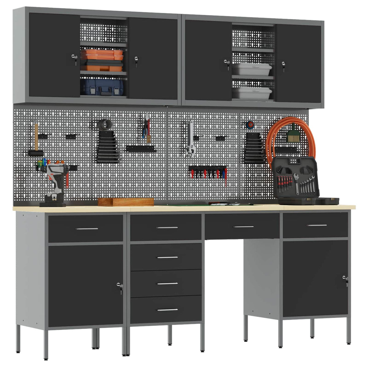 Work Cabinet 10 pcs Black and Grey Engineered Wood and Steel