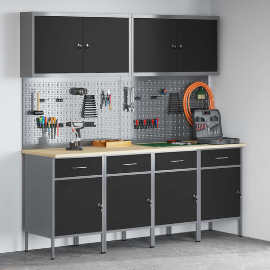 Work Cabinet 10 pcs Black and Grey Engineered Wood and Steel