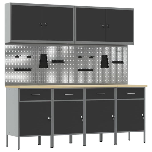 Work Cabinet 10 pcs Black and Grey Engineered Wood and Steel