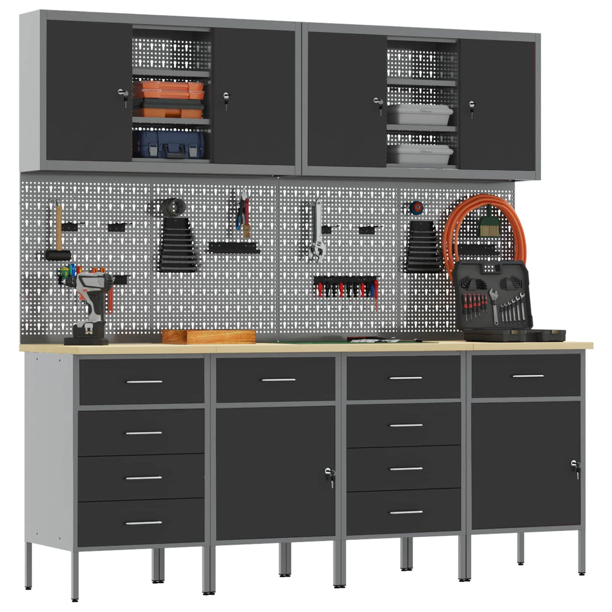 Work Cabinet with Drawer 10 pcs Black Engineered Wood and Steel