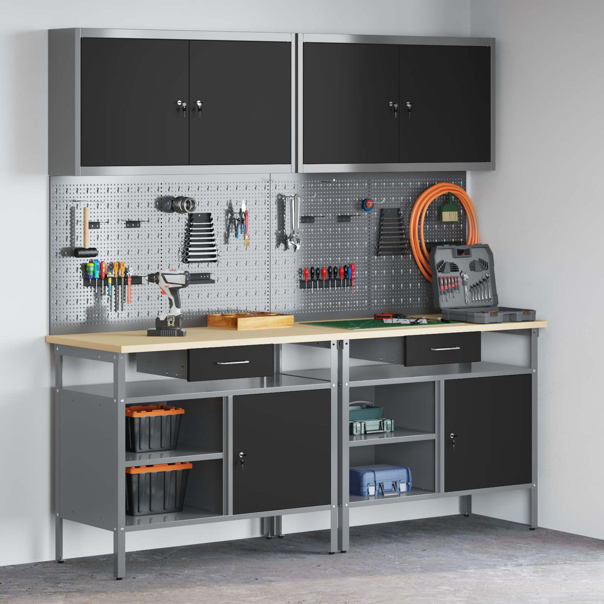 Work Bench Set 8 pcs Black and Grey Powder-Coated Steel
