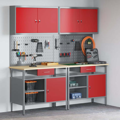 Work Bench Set with Lock 8 pcs Red and Grey Powder-Coated Steel