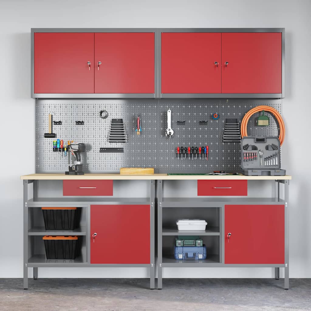 Work Bench Set with Lock 8 pcs Red and Grey Powder-Coated Steel