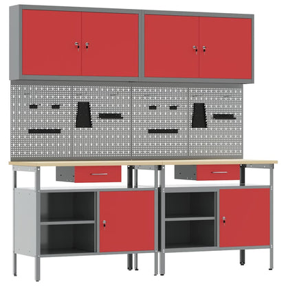 Work Bench Set with Lock 8 pcs Red and Grey Powder-Coated Steel