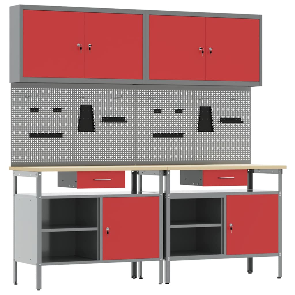 Work Bench Set with Lock 8 pcs Red and Grey Powder-Coated Steel