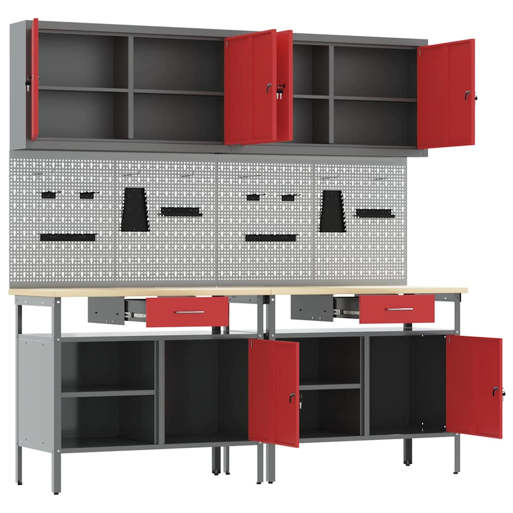 Work Bench Set with Lock 8 pcs Red and Grey Powder-Coated Steel