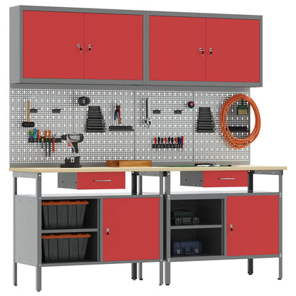 Work Bench Set with Lock 8 pcs Red and Grey Powder-Coated Steel