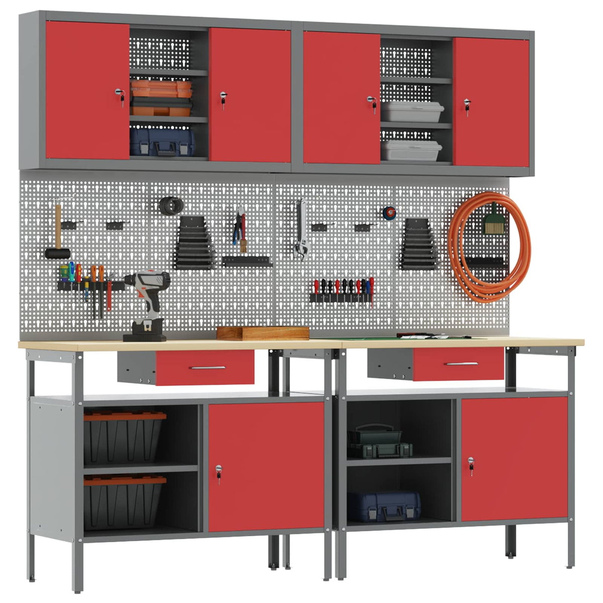 Work Bench Set 8 pcs Red and Grey Powder-Coated Steel
