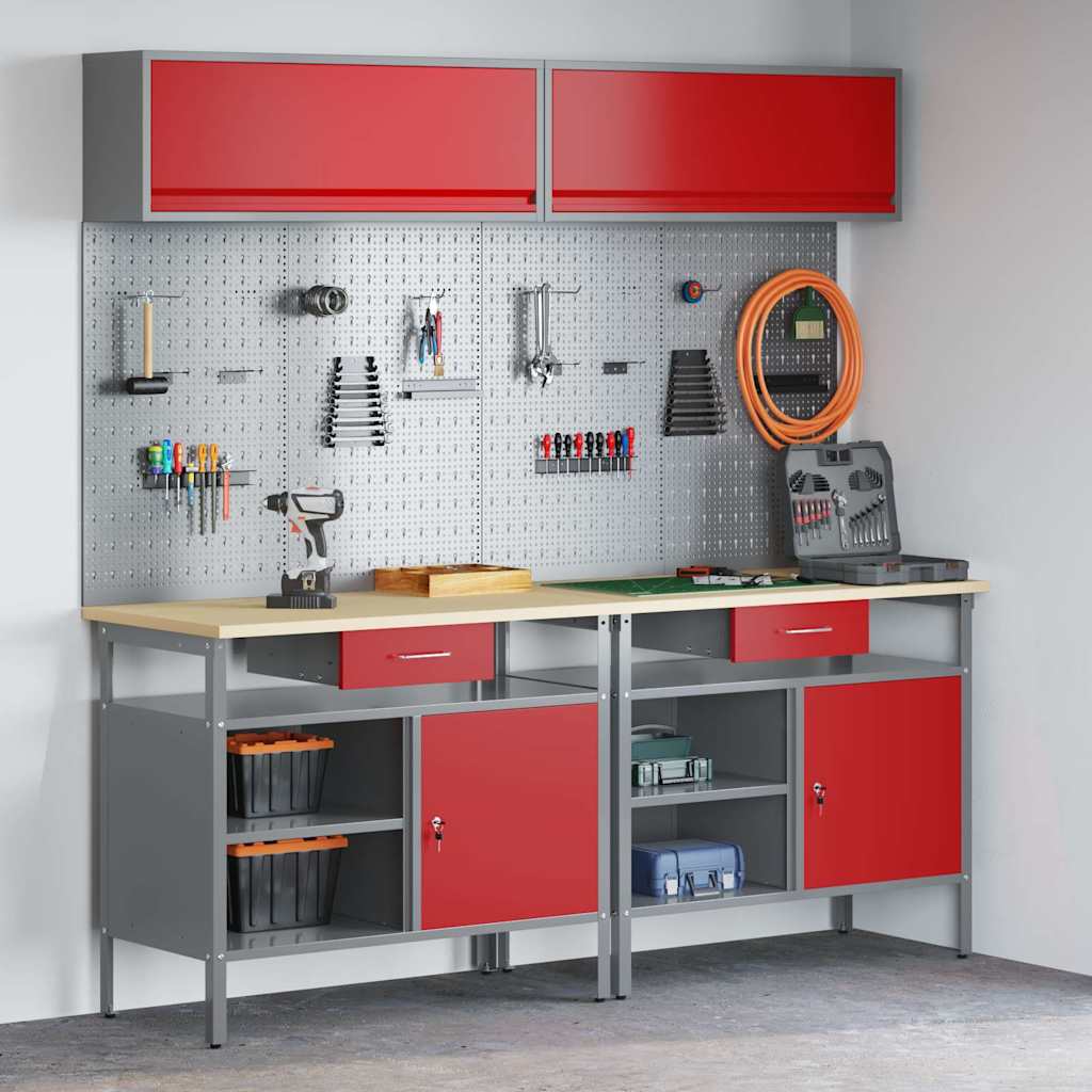 Work Bench Set with Lock 8 pcs Red and Grey Powder-Coated Steel