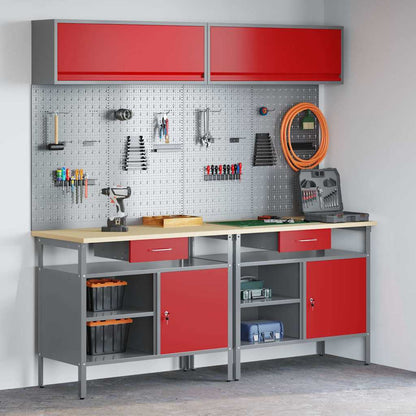 Work Bench Set with Lock 8 pcs Red and Grey Powder-Coated Steel