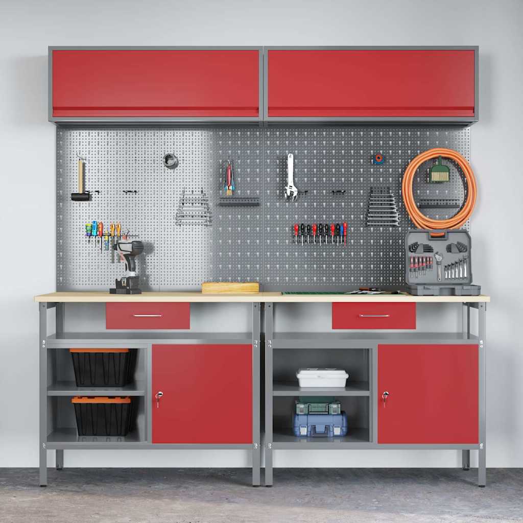 Work Bench Set with Lock 8 pcs Red and Grey Powder-Coated Steel