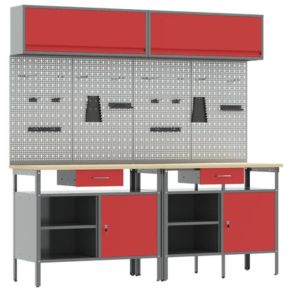 Work Bench Set with Lock 8 pcs Red and Grey Powder-Coated Steel
