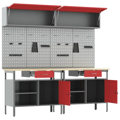 Work Bench Set with Lock 8 pcs Red and Grey Powder-Coated Steel