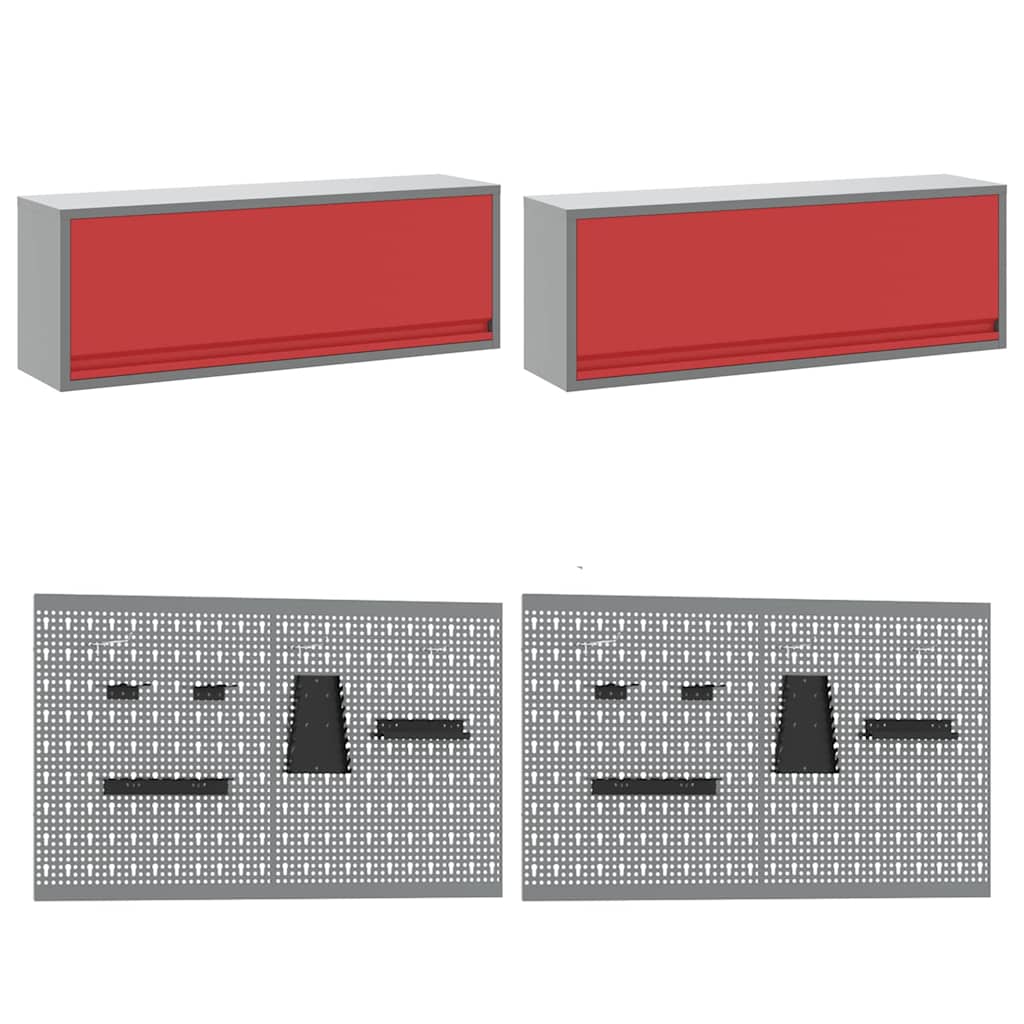 Work Bench Set with Lock 8 pcs Red and Grey Powder-Coated Steel