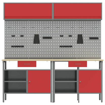 Work Bench Set with Lock 8 pcs Red and Grey Powder-Coated Steel