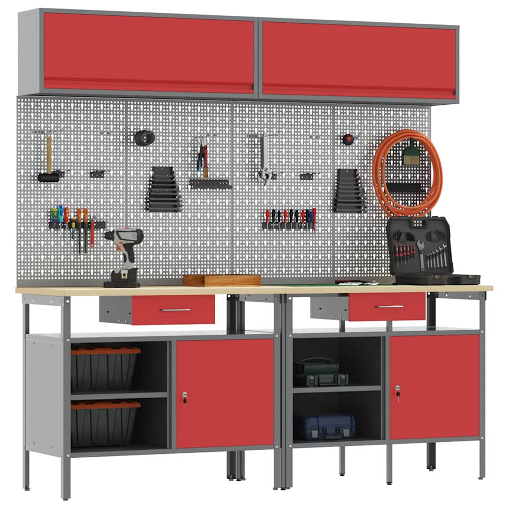 Work Bench Set with Lock 8 pcs Red and Grey Powder-Coated Steel
