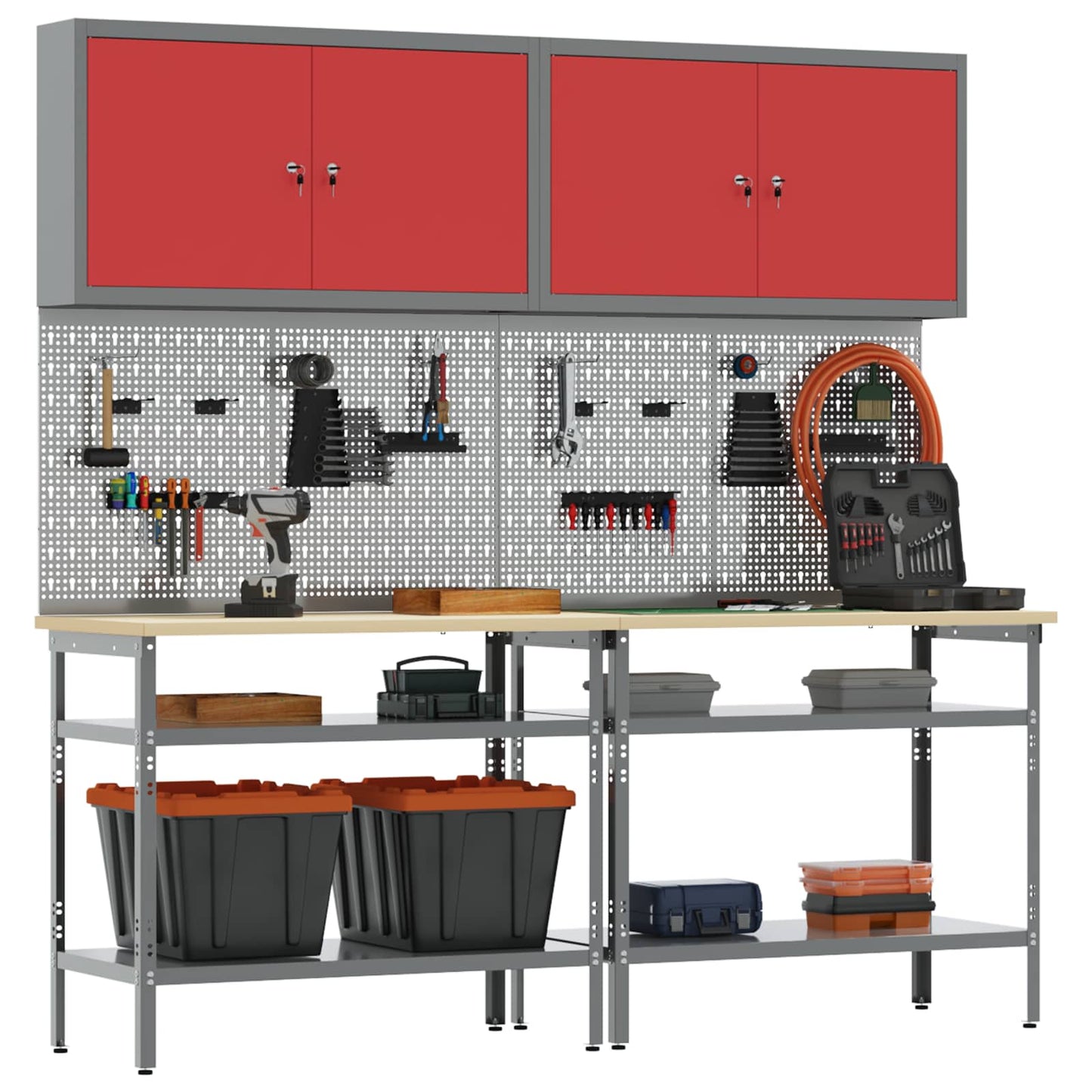 Work Bench Set with Lock 8 pcs Red and Grey Powder-Coated Steel