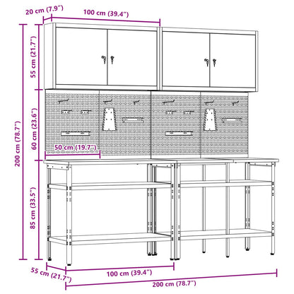Work Bench Set with Lock 8 pcs Red and Grey Powder-Coated Steel