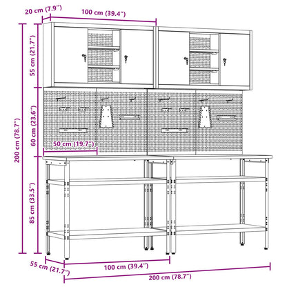 Work Bench Set 8 pcs Red and Grey Powder-Coated Steel