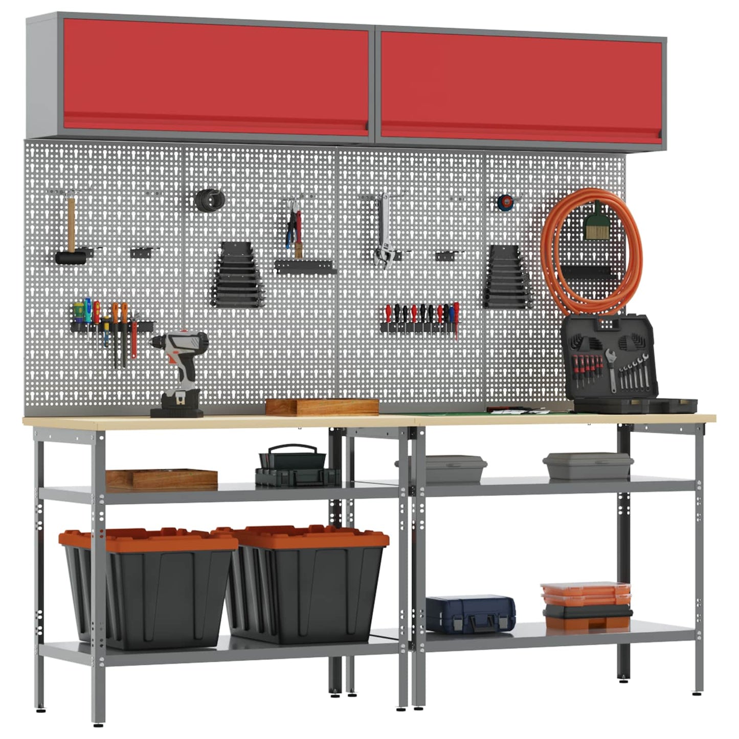Work Bench Set with Lock 8 pcs Red and Grey Powder-Coated Steel