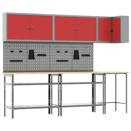 Work Cabinet Set with Shelf with Storage 10 pcs Red and Grey