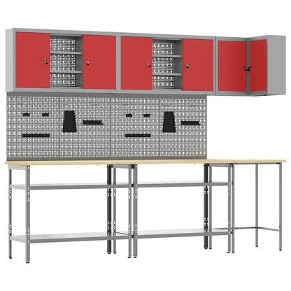 Work Cabinet Set with Shelf with Storage 10 pcs Red and Grey