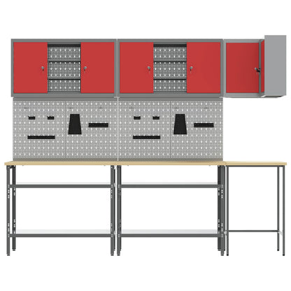 Work Cabinet Set with Shelf with Storage 10 pcs Red and Grey