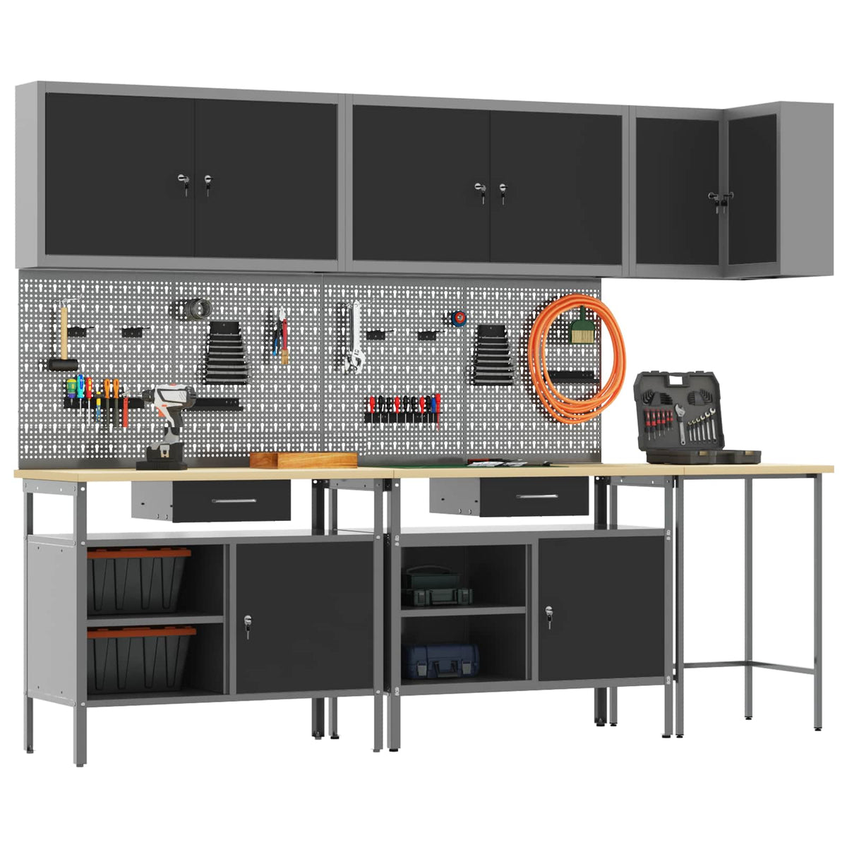 Work Cabinet Set with Drawer with Shelf 10 pcs Black and Grey