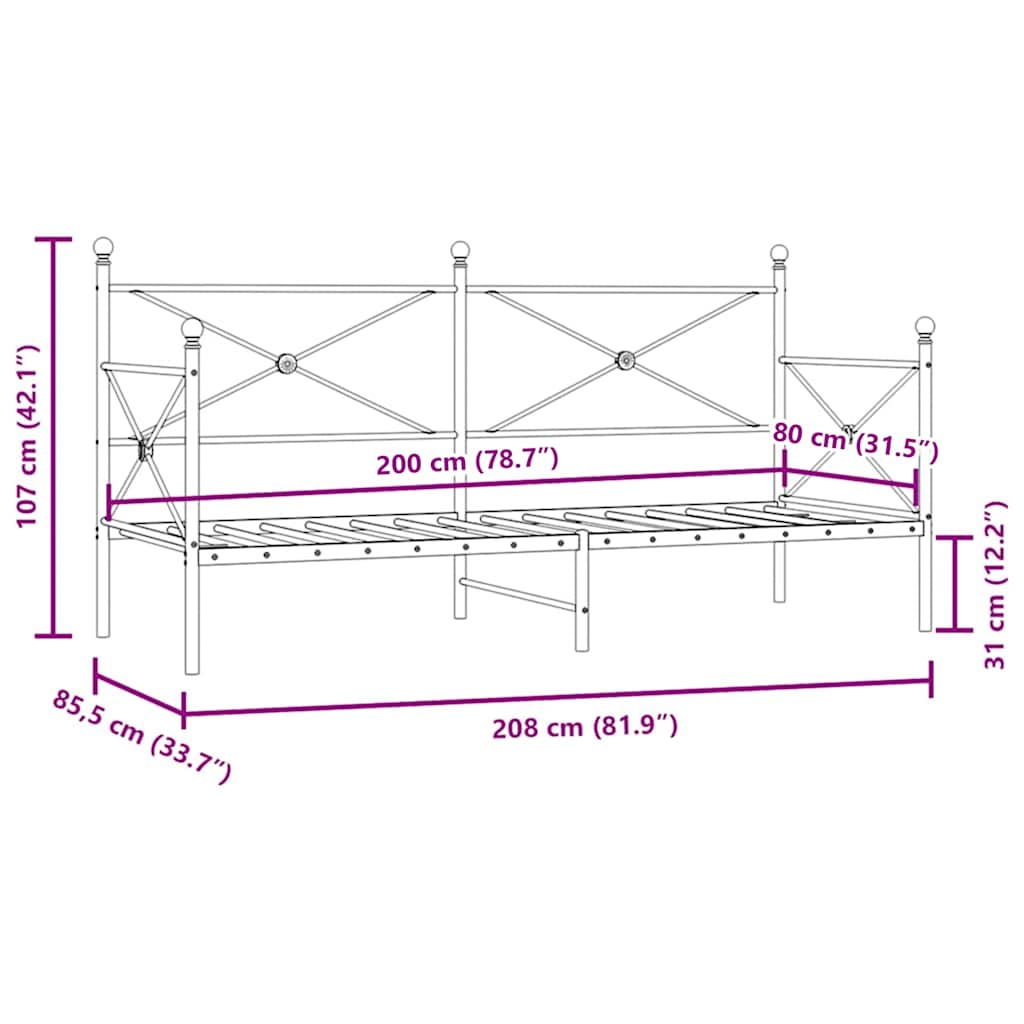 Day Bed without Mattress Black 80x200 cm Steel