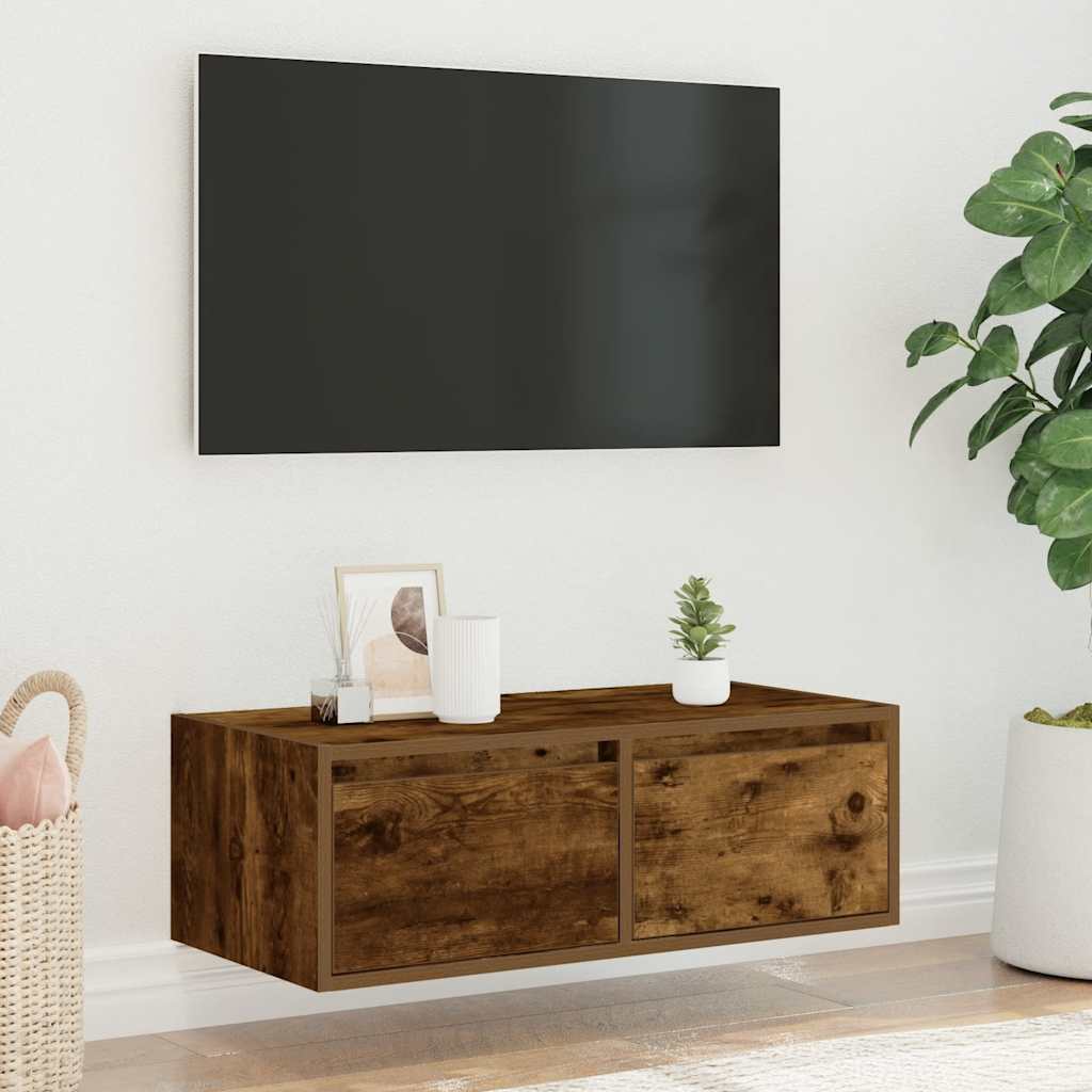 TV Cabinet with LED Lights Smoked Oak 75x35,5x25 cm