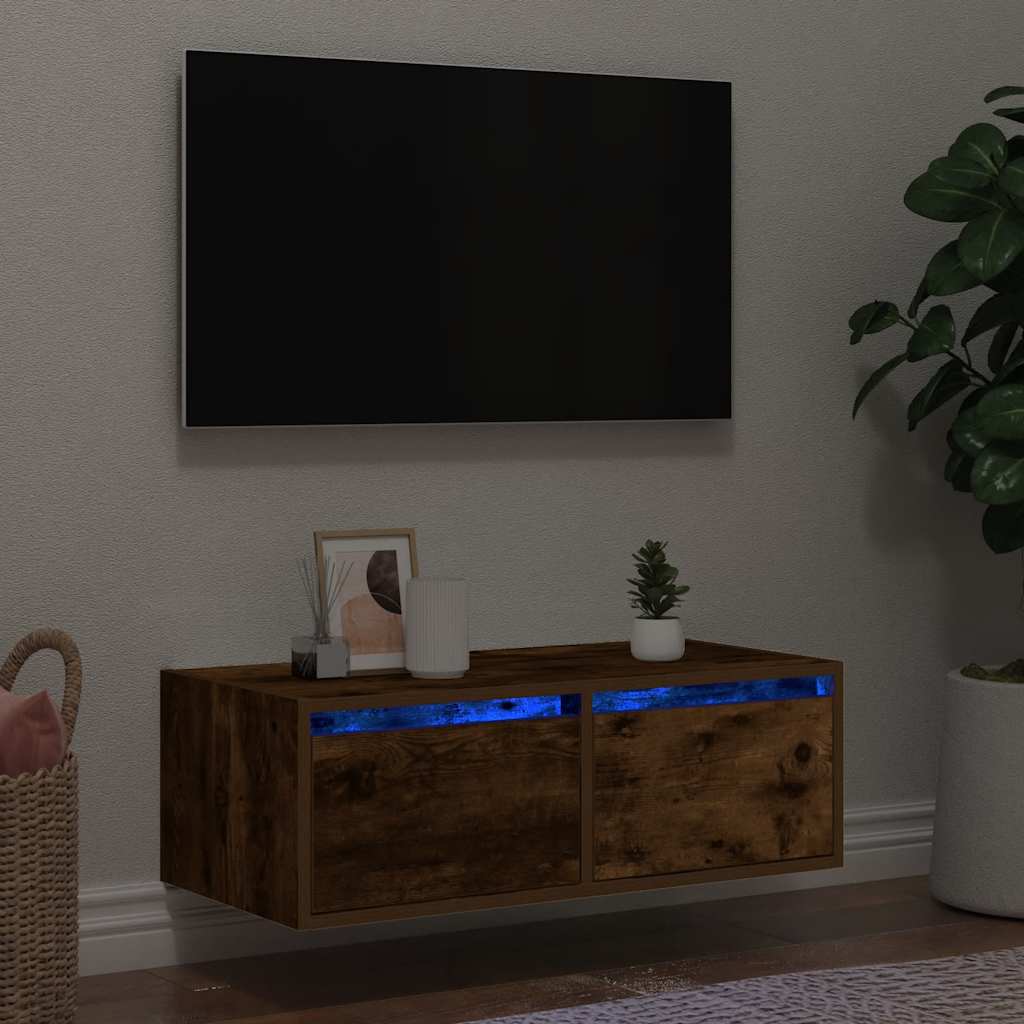 TV Cabinet with LED Lights Smoked Oak 75x35,5x25 cm