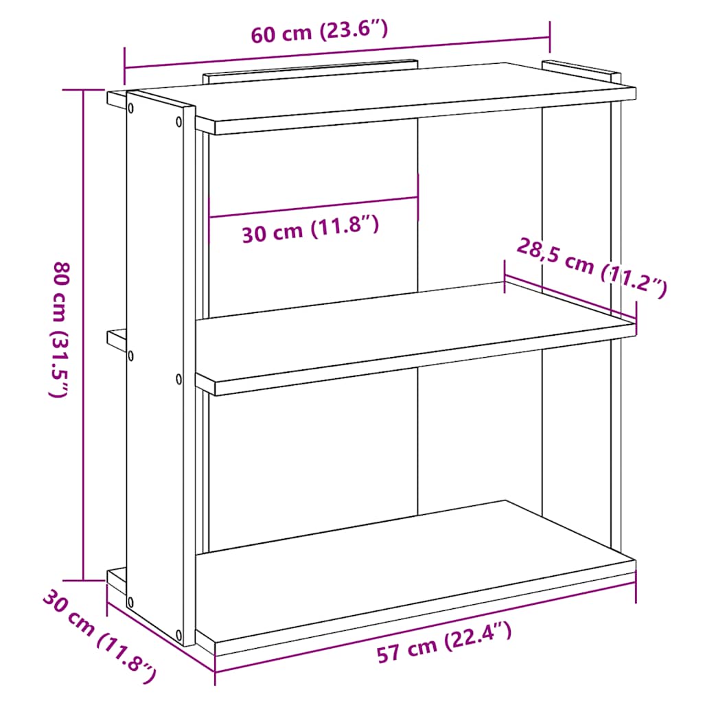 Bookcase 3-Tier Sonoma Oak 60x30x80 cm Engineered Wood