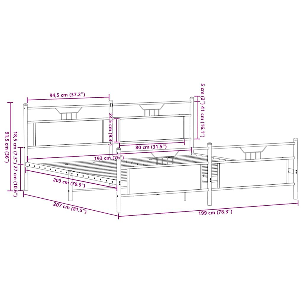Metal Bed Frame without Mattress Smoked Oak 193x203 cm