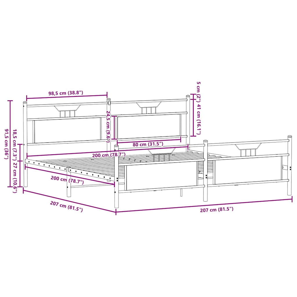 Metal Bed Frame without Mattress Smoked Oak 200x200 cm