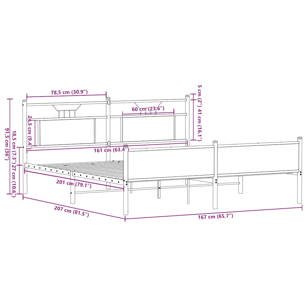 Metal Bed Frame without Mattress Sonoma Oak 160x200 cm