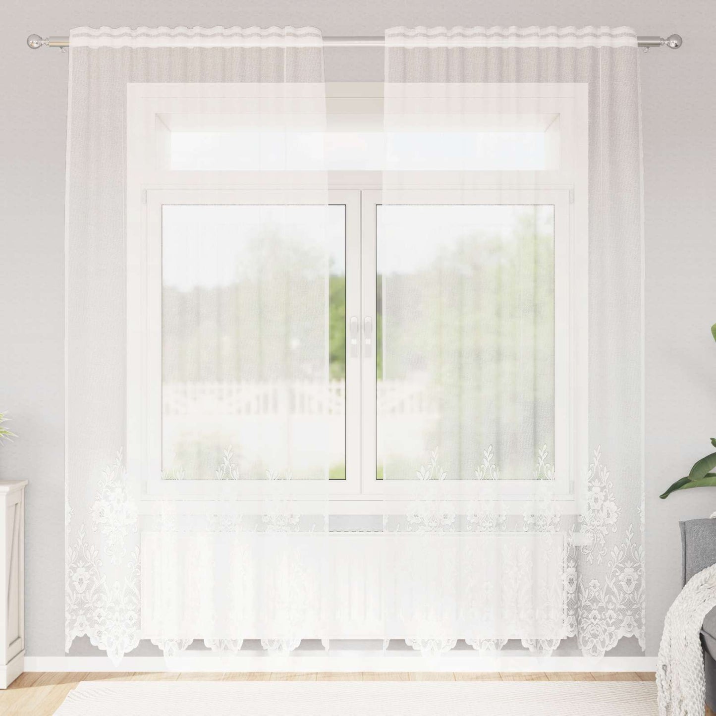 Lace Curtain with Curtains Floral White 245x150cm Polyester