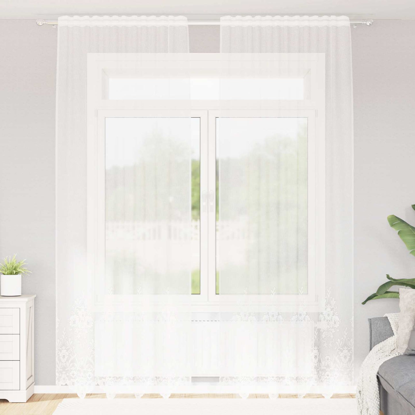Lace Curtain with Curtains Floral White 260 x 150 cm Polyester