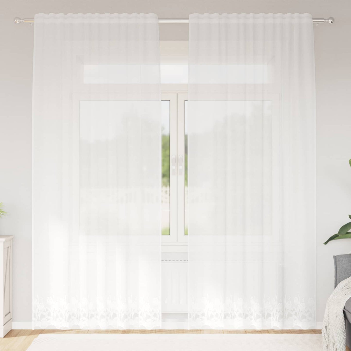 Lace Curtain with Curtains Floral White 240 x 150 cm Polyester