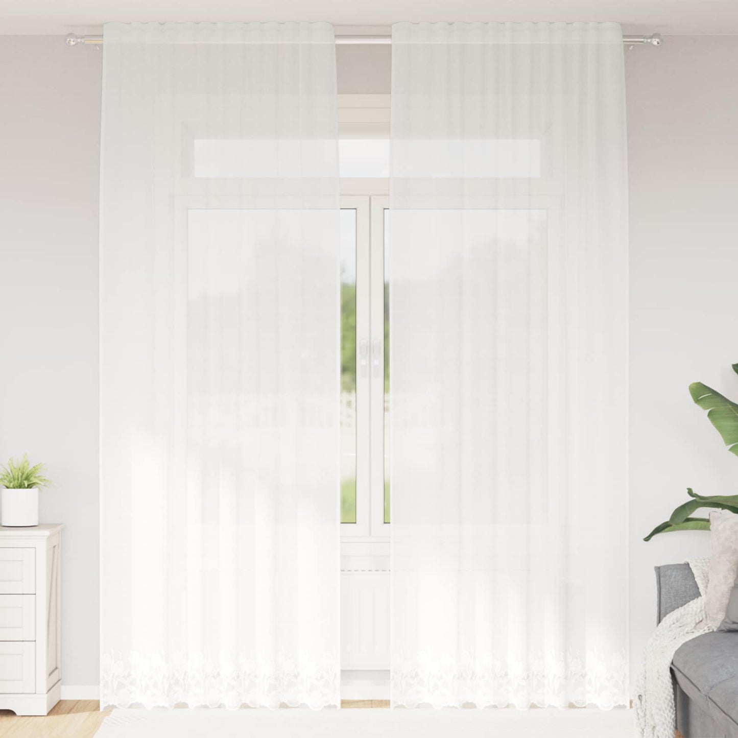Lace Curtain with Curtains Floral White 260 x 150 cm Polyester