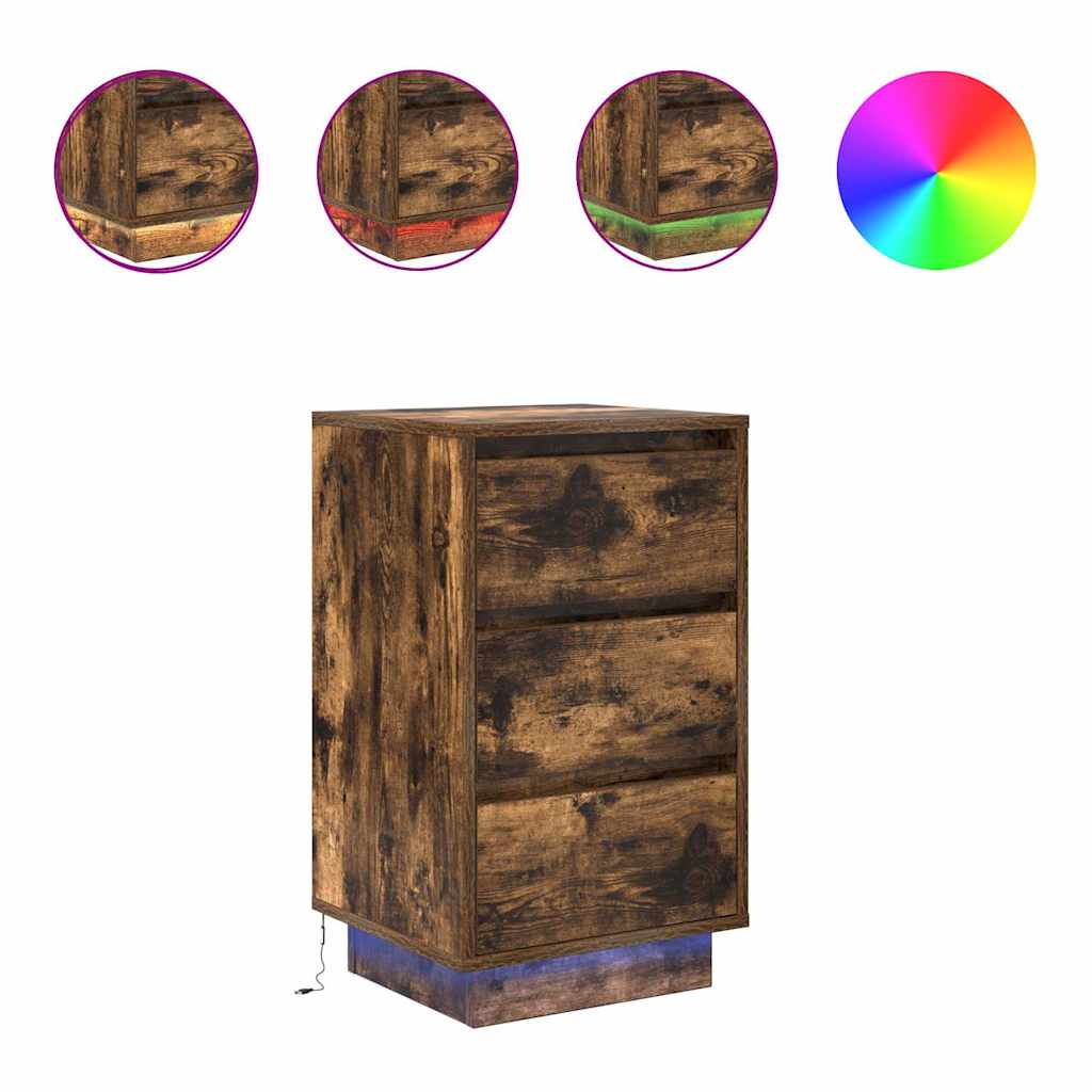 Bedside Cabinet with LED Lights Smoked Oak 38x34x65 cm