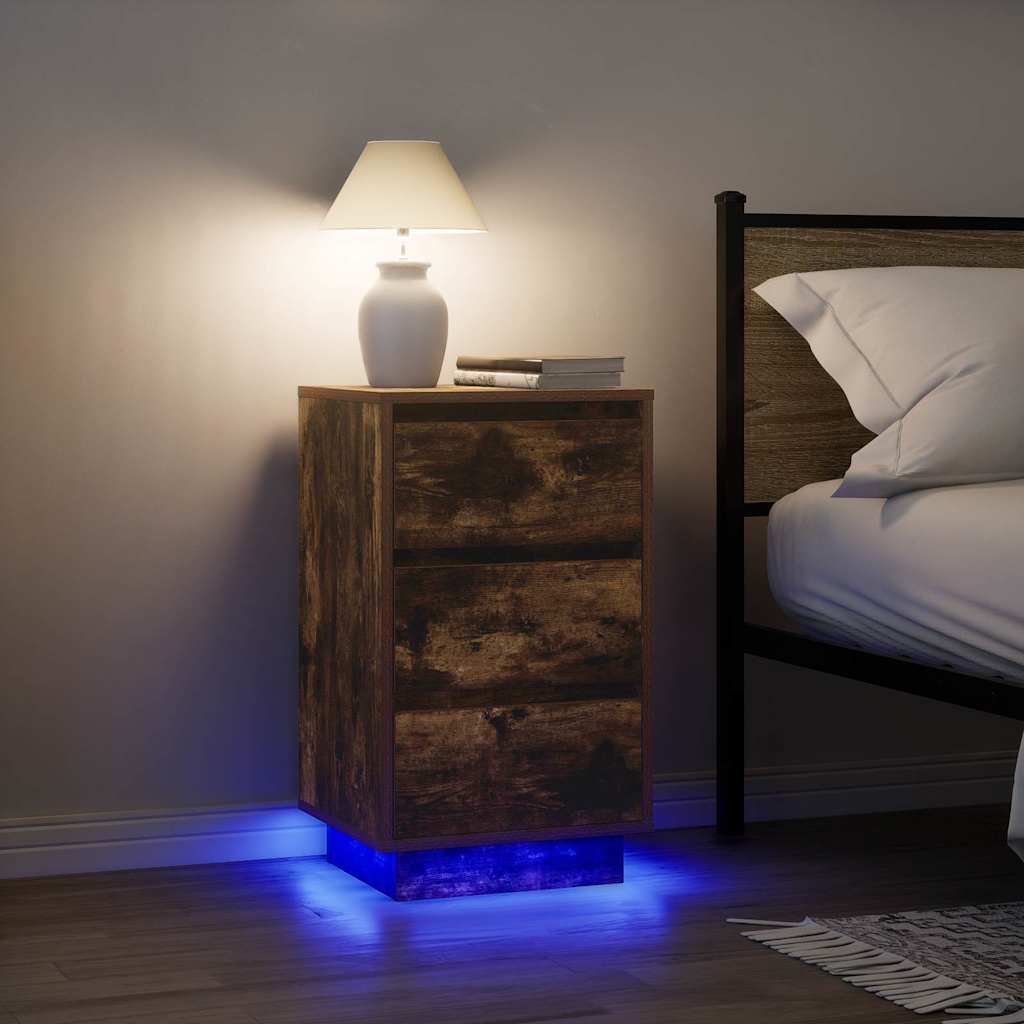 Bedside Cabinet with LED Lights Smoked Oak 38x34x65 cm