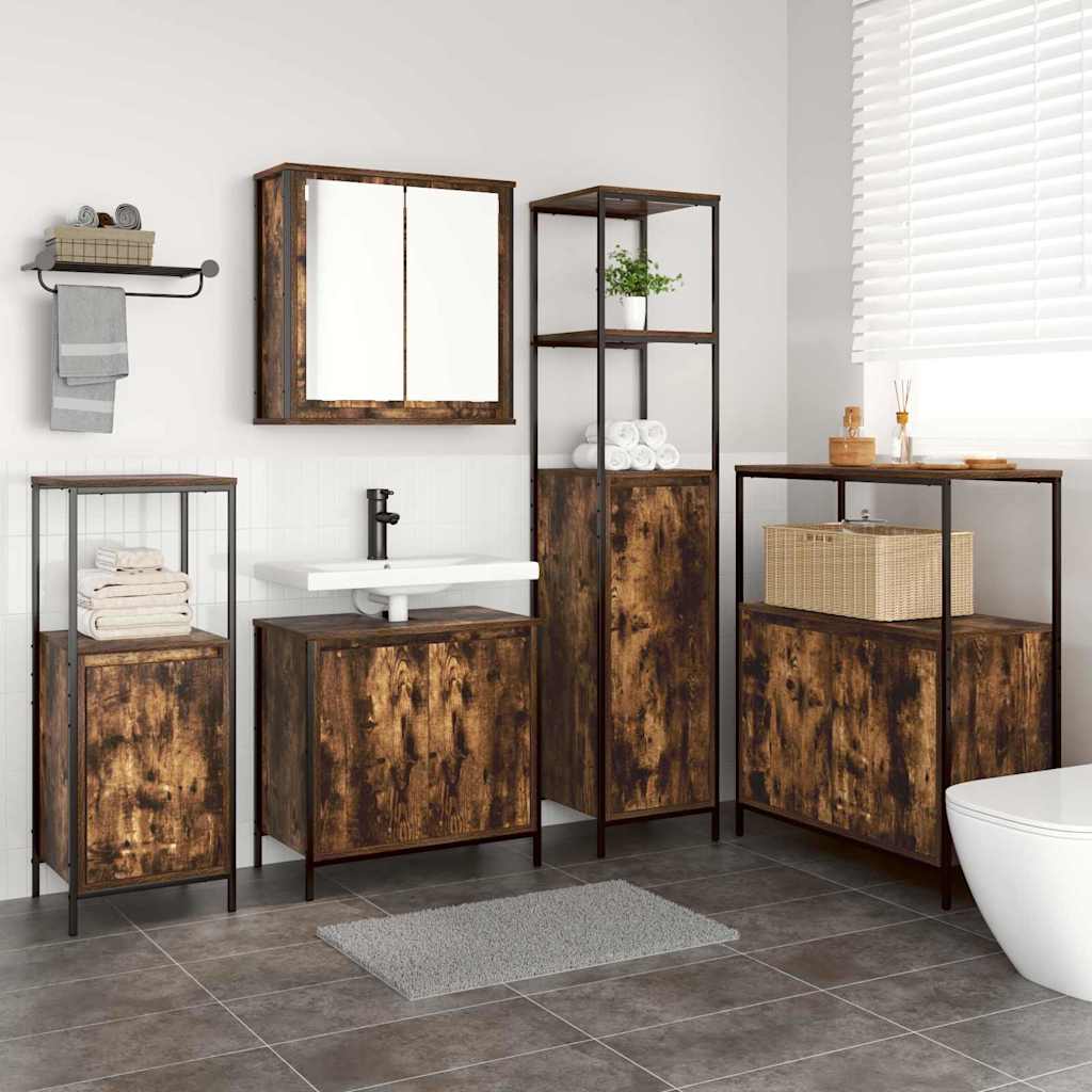Bathroom Furniture Set with Shelf 5 pcs Smoked Oak and Black