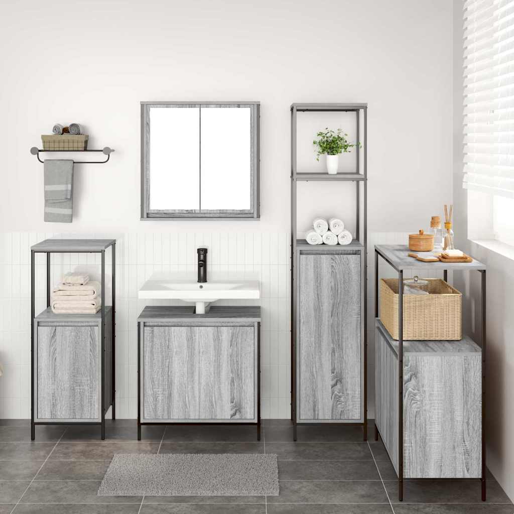 Bathroom Furniture Set with Shelf 5 pcs Grey Sonoma and Black