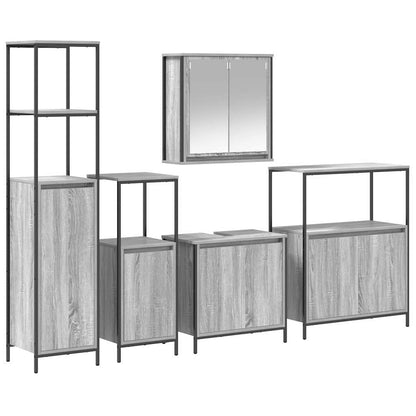 Bathroom Furniture Set with Shelf 5 pcs Grey Sonoma and Black