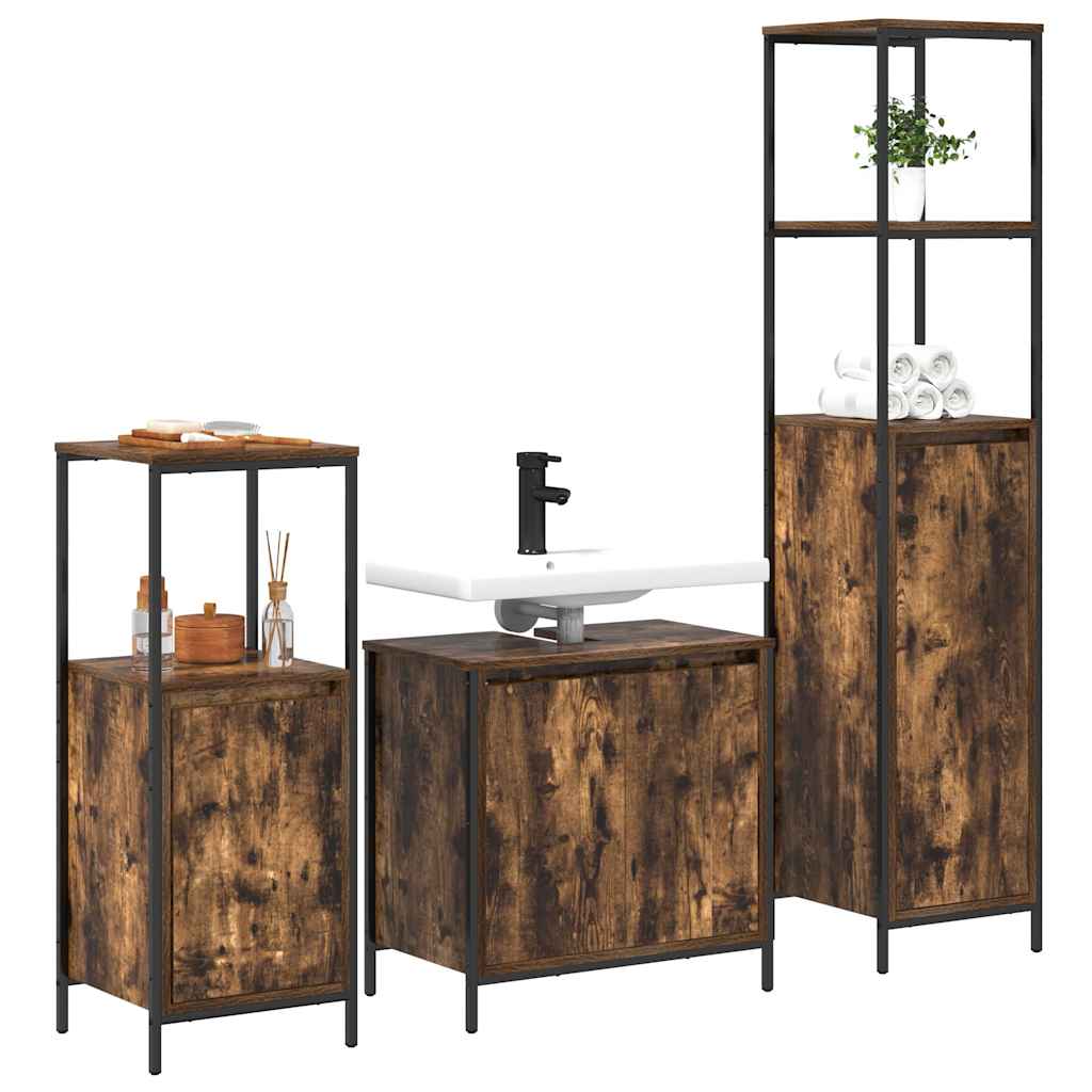 Bathroom Furniture Set with Shelf 3 pcs Smoked Oak and Black