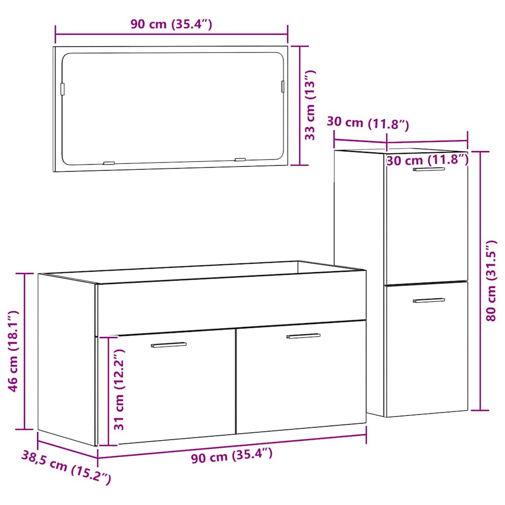 3 Piece Bathroom Furniture Set Old Wood Engineered Wood