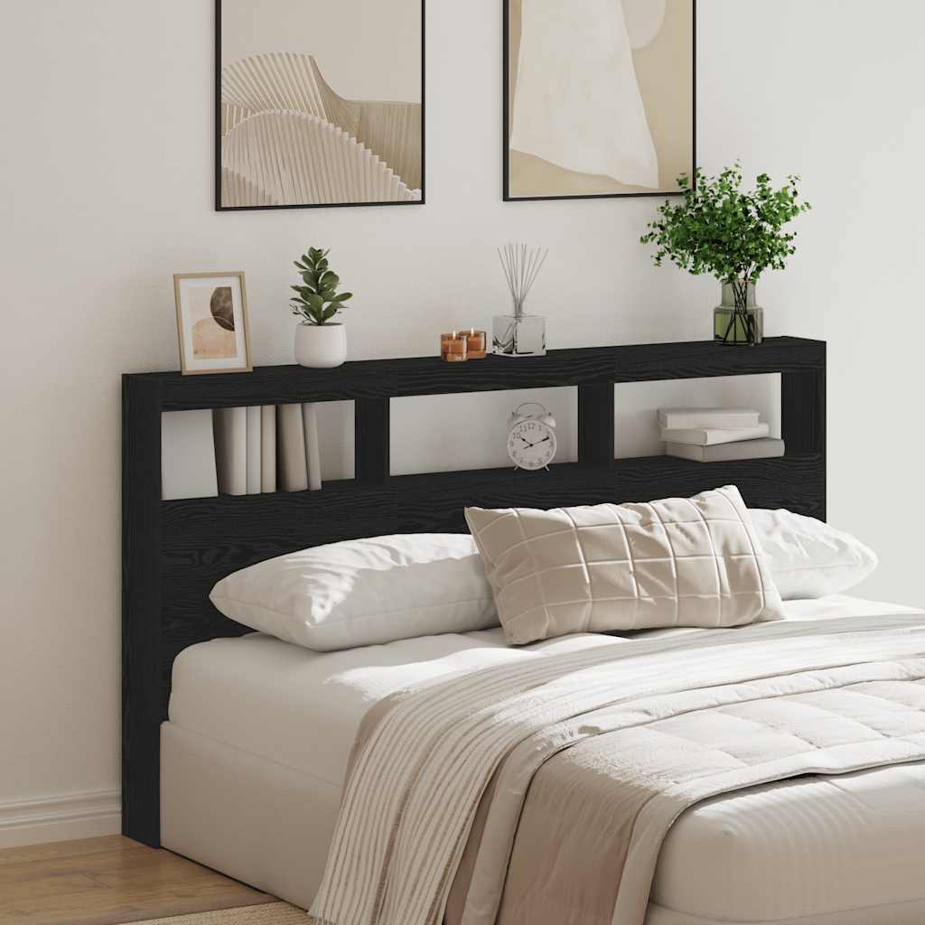 Headboard Cabinet with LED Black Oak 180x17x102 cm