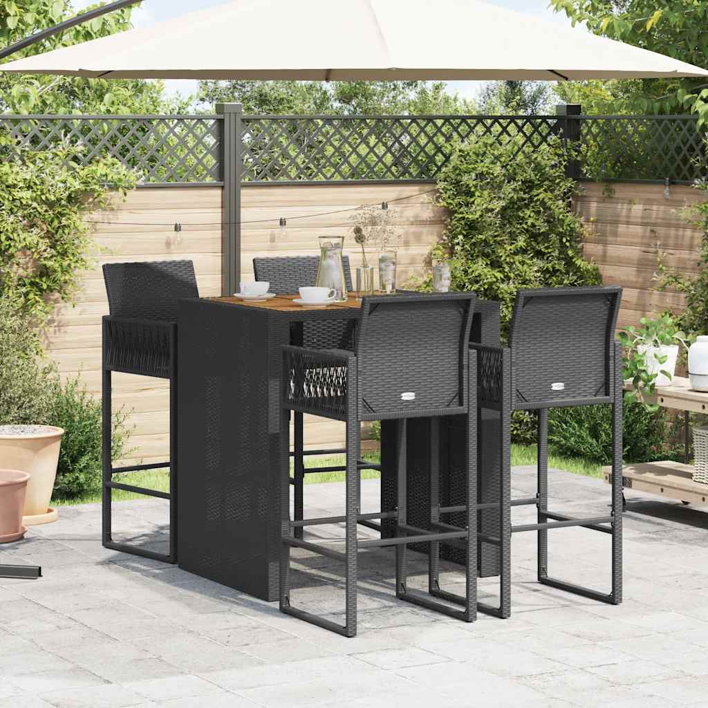5 Piece Garden Bar Set without Cushions Black Poly Rattan Acacia