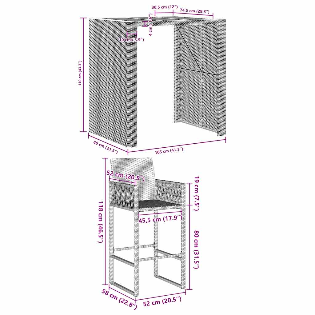 Garden Bar Set | Grey | PE rattan, powder-coated steel, solid acacia wood